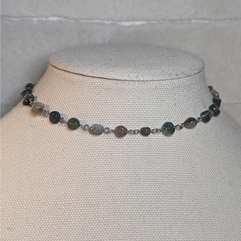 Moss Agate Beaded Choker Crystal Necklace_3